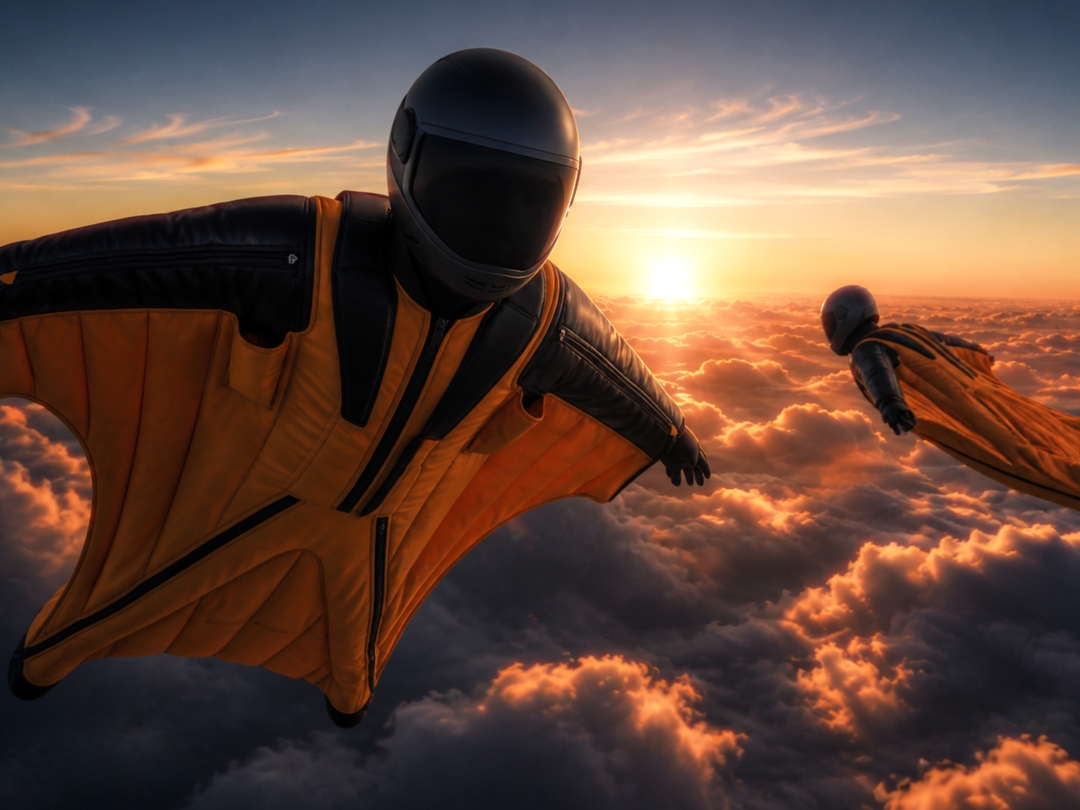 Direction visuelle du film : deux wingsuiters dans un ciel au coucher du soleil